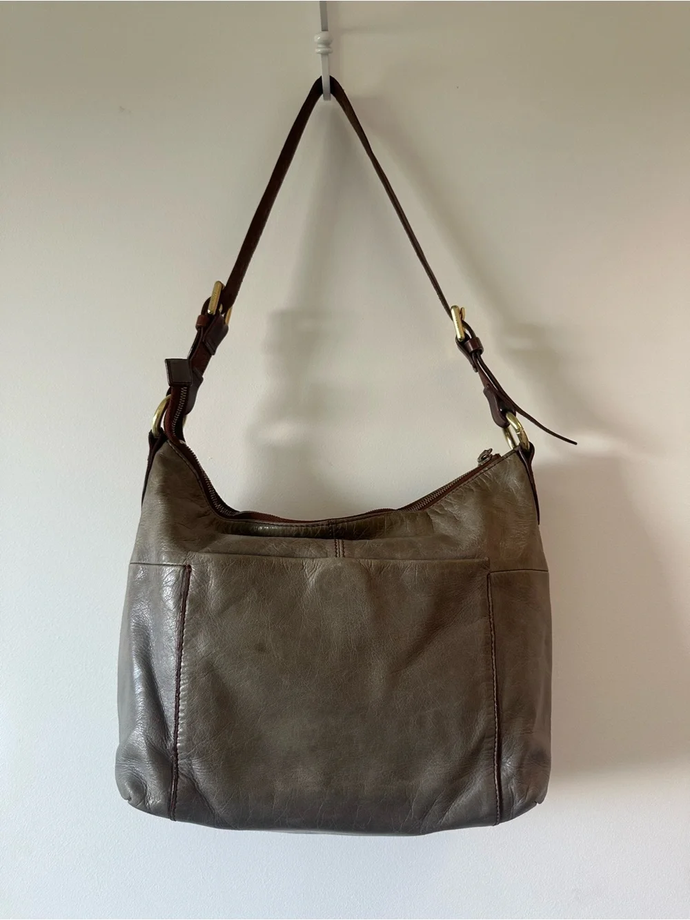 HOBO Olive Brown Leather Hobo Shoulder Bag with Dark Brown Strap